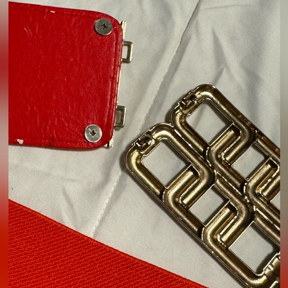Y2K Gold Geometric Wide Stretch Belt New York & Co Interlock L/XL Orange 90s - Picture 8 of 14
